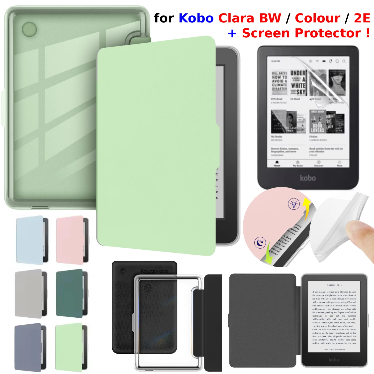 Фото Чехол для Kobo Clara BW, Clara Colour и 2E из искусственной кожи с прозрачной акриловой задней панелью и защитной пленкой, автоматическое включение/выключение, магнитная застежка, обложка для 6-дюймового электронной кн №1