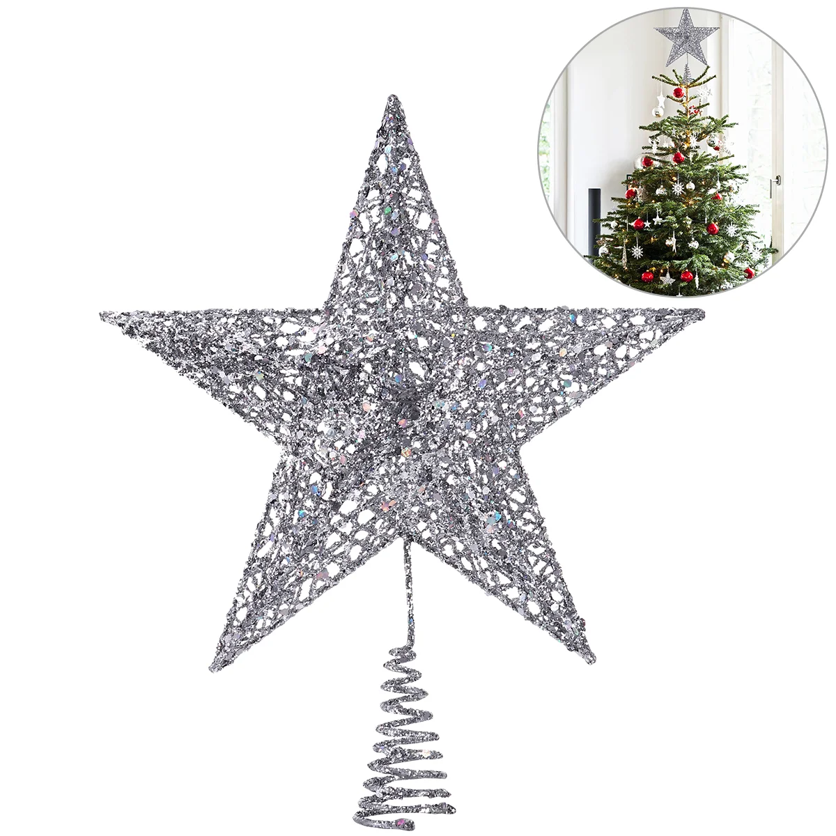 

NICEXMAS 25cm Silver Star Tree Topper Exquisite Shimmery Star Christmas Tree Topper Christmas Tree Decoration 5 Point Star
