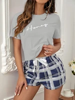 letter graphic tee and bow detail plaid shorts pajama set