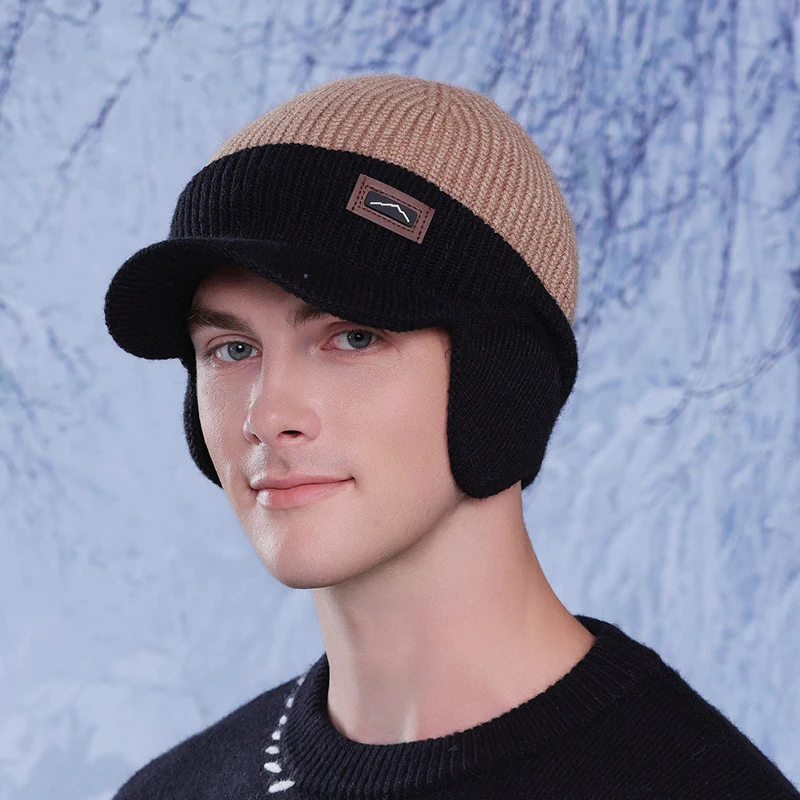 Мужские зимние вязаные шапки Skullies теплая шапка с защитой ушей толстая