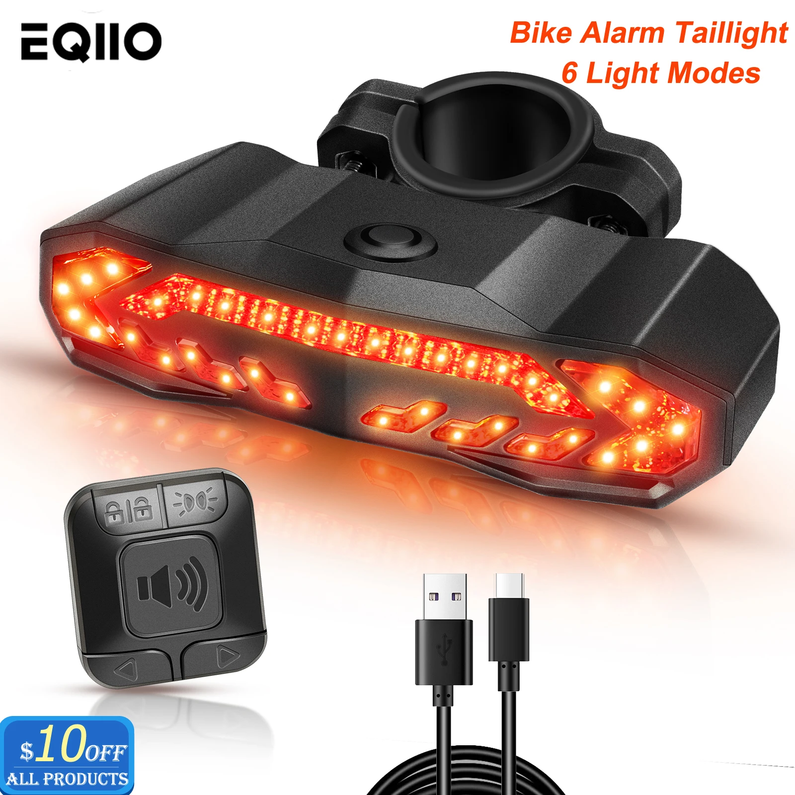 Eqiio Bicycle Alarm Tail Light Anti Theft LED 6 Modes USB Rechargeable Waterproof Taillight Smart Induction Bike Brake Rear Lamp