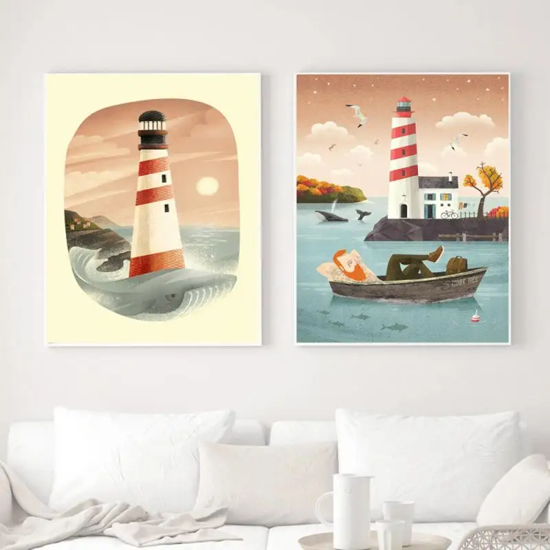 

Nordic Canvas Painting Whale Lighthouse Sailor Boat Sea Cartoon Poster and Print Nursery Wall Art Baby Kids Bedroom Home Decor