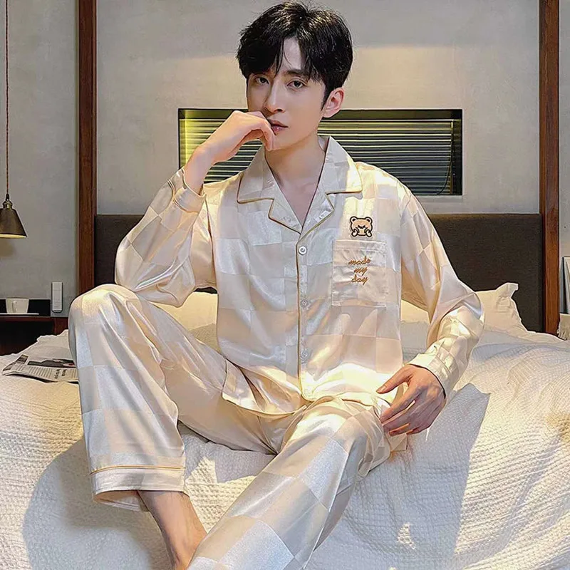 Men Pyjama Set Autumn Long Sleeves Home Clothes for Man Anime ONE PIECE Luff Thin Pajamas Satin Silk Home Wear Stripe Sleepwear