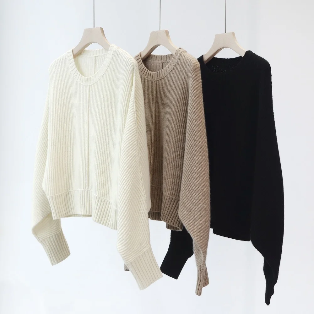 

Autumn and Winter New All-match Round Neck Sweater Pit Strip Mid-stitch Sleeve Loose Cashmere Women Pullover Jumper