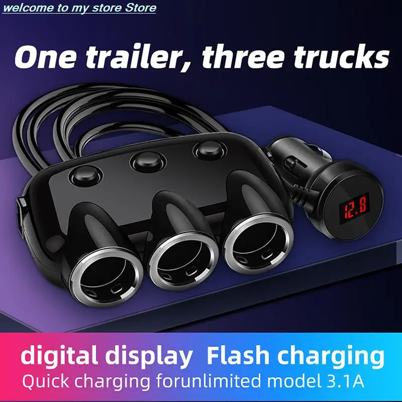 

The New Car Dual-port USB With Cable With Switch Car Cigarette Lighter One Minute Three One Drag Three Mobile Phone