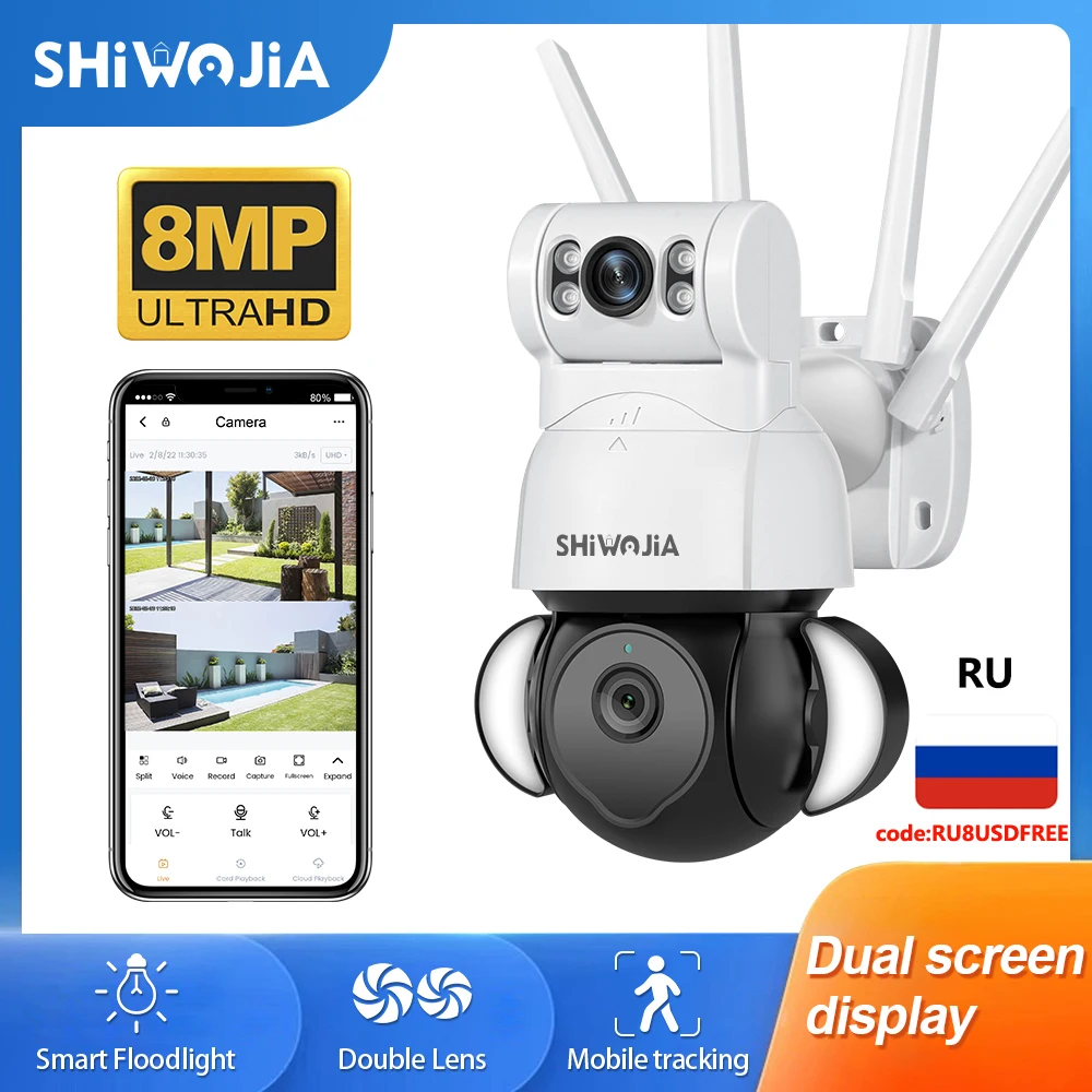 SHIWOJIA 4K 8MP IP Camera Dual-Lens WiFi Wireless 4X Digital Zoom Auto Motion Tracking CCTV Security Camera Video Surveillance