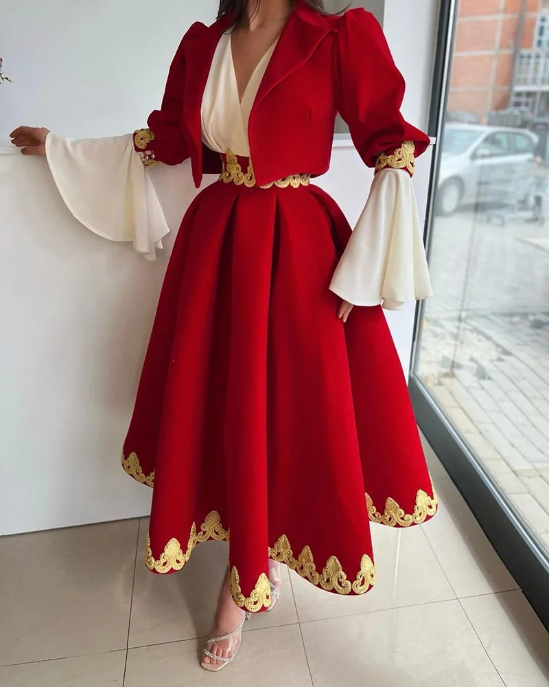 

Red Caftan Evening Dresses With Jacket Appliques Gold Lace Bat Sleeve A Line Velvet Formal Prom Dress Celebrity Party Gowns