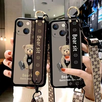fashion luxury tide brand cartoon bear wristband with lanyard soft silicone phone case for 11 12 13 pro max mnin x xr xs 8 7plus