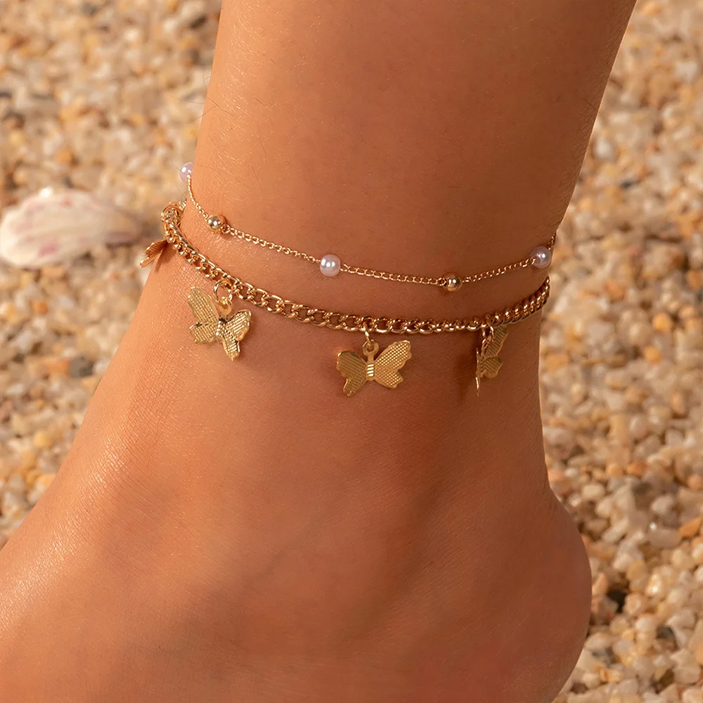 

Fashion Butterfly Double Layers Anklets Summer Beach Bohemian Ethnic Shell Stars Alloy Anklets Bracelets Foot Jewelry For Womens