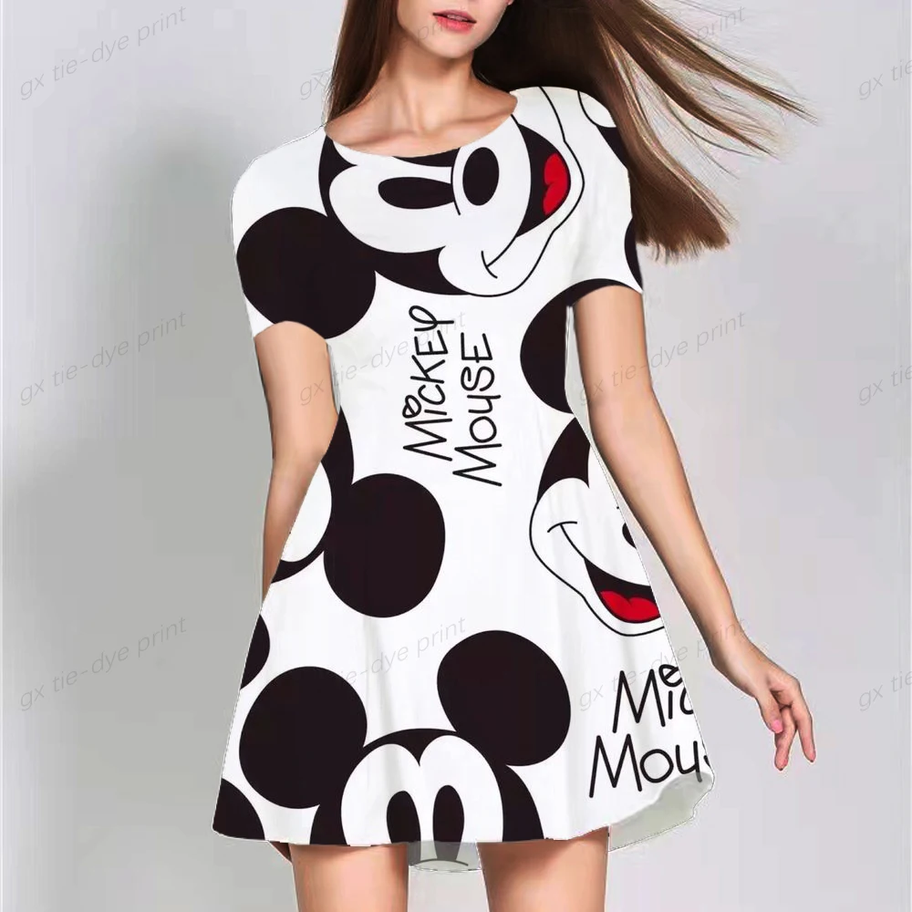 

Summer Elegant Dress O Neck Disney Minnie Mickey Mouse Print Mini Dress Short Sleeve Party Big Swing Dress Vestido De Mulher Y2K