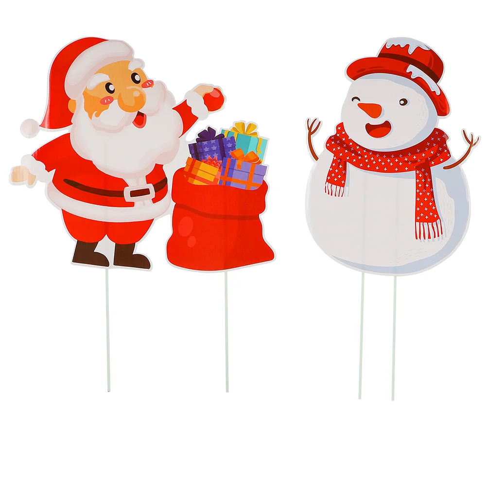 

2pcs Christmas Lawn Stakes Street Sign Board Christmas Snowman Stake Christmas Props Santa Claus Stake Sign