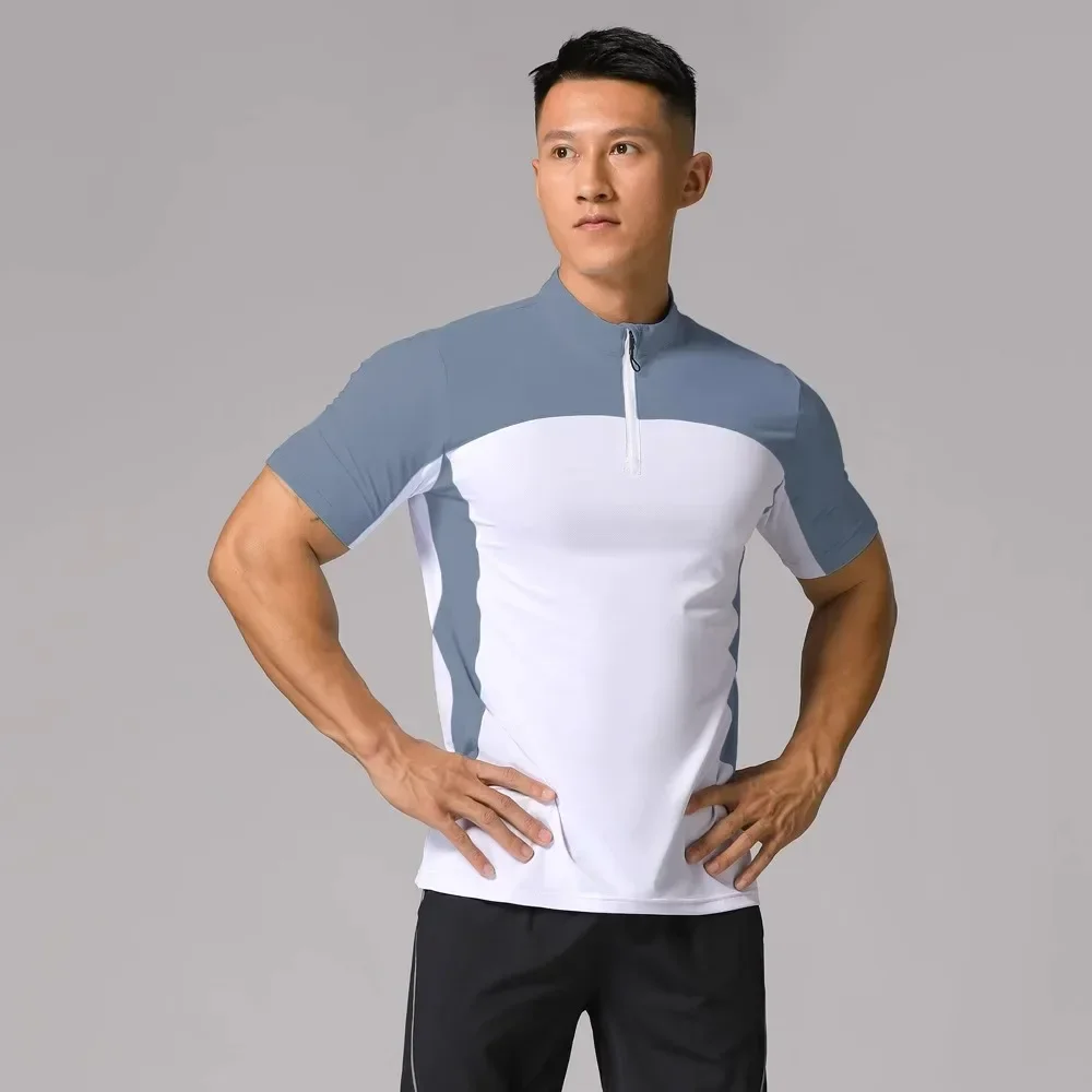 

Summer Quick-drying Running Men Sports Short-sleeved T-shirt Stand Collar Half-zip Gym Fitness Wear Plus Size Casual Top