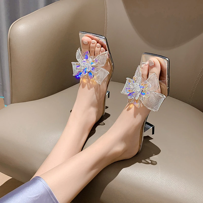 

COOMAOSDE Womens Luxury Sandals 2022 Stiletto Hee Women Mules Block Heel Bowknot Rhinestone Shoes 6.5cm