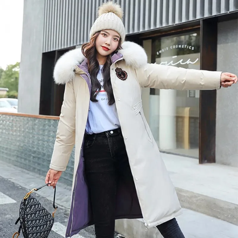 

Winter Fashion Hooded Big Fur Collar Padded Long Parkas Down Cotton Warm Coat Waterproof Windbreaker Jacket Wear on Both Sides