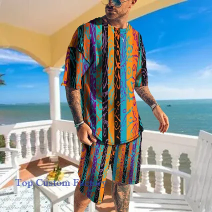 Tracksuit Suit Men's Summer Gold Pattern Street Short Sleeve Hawaii Style T-Shirt 2 Piece Set  Oversized Jogger Outfits