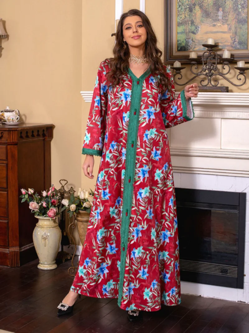 Vintage Muslim Dubai Turkey Abaya Floral Embroidery Guipure Lace Kaftan Dress Spring Long Sleeve Printed Maxi Dress Ramadan