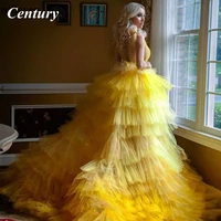 century v neck evening dress a line tiered prom dress sleeveless pleat evening gown yellow court train party dress robe soiree