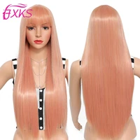 pink long straight synthetic wigs with hair bangs grey silver brown color synthetic hair wigs 20in 28in 260g for women fxks