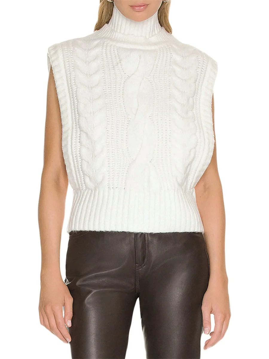 

Women s Autumn Winter Vest Beige Sleeveless High Neck Cable Twist Knit Tank Tops