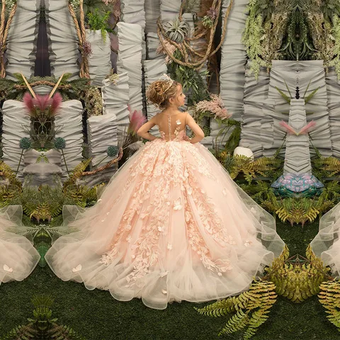 FATAPAESE Flower Girl Dresses for Wedding Blush Pink Floral Tulle Long 2022 Kids Bridesmaid Ball Gowns Princess Even Wed Party