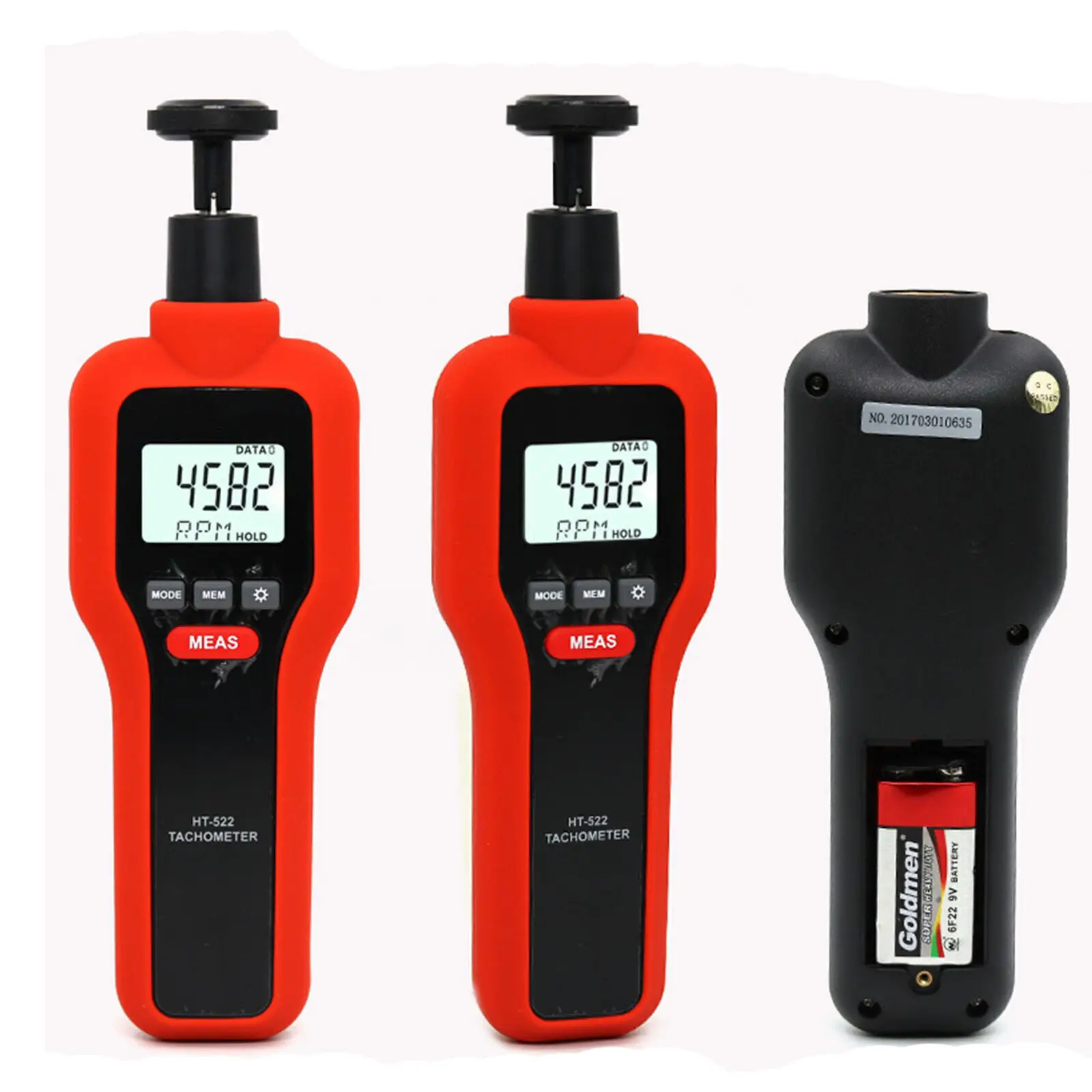

Handheld Non-Contact & Contact Digital Tachometer Tach Rotate Speed Meter 9v Battery(Not Included) 7.3*2.8*1.2in
