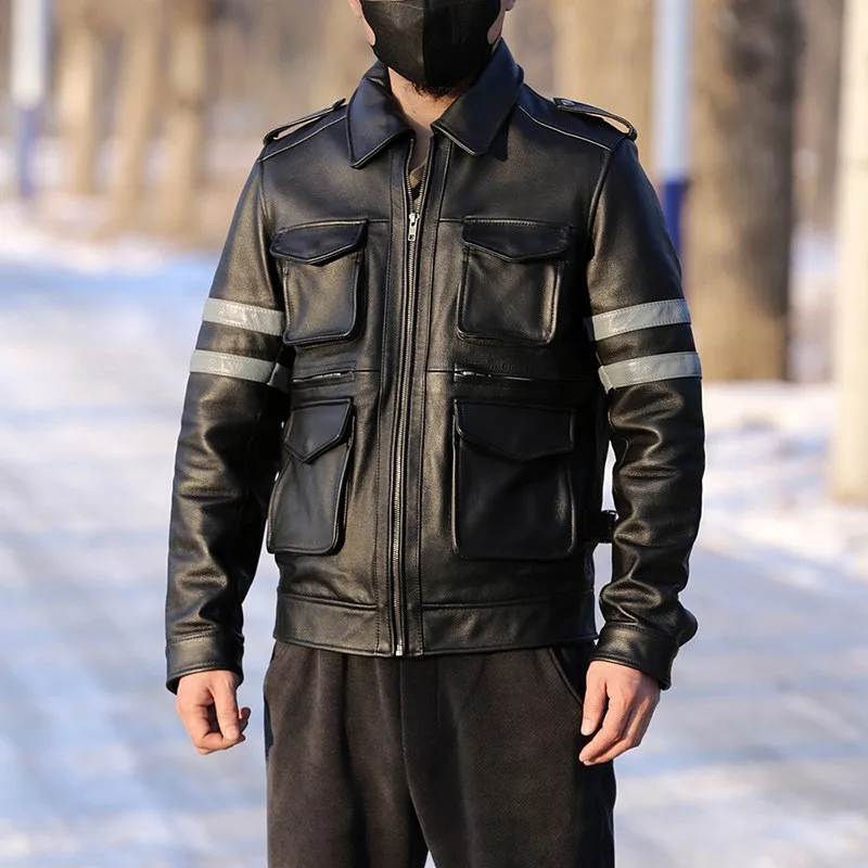 Куртка из искусственной кожи с отложным воротником и несколькими карманами