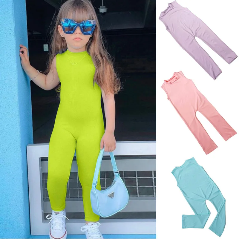 

2023 Summer Hot Selling Little Girls Trendy Mock Neck Jumpsuit Sport Solid Color Pure Cotton Baby Girl Bodysuit Kids Clothing