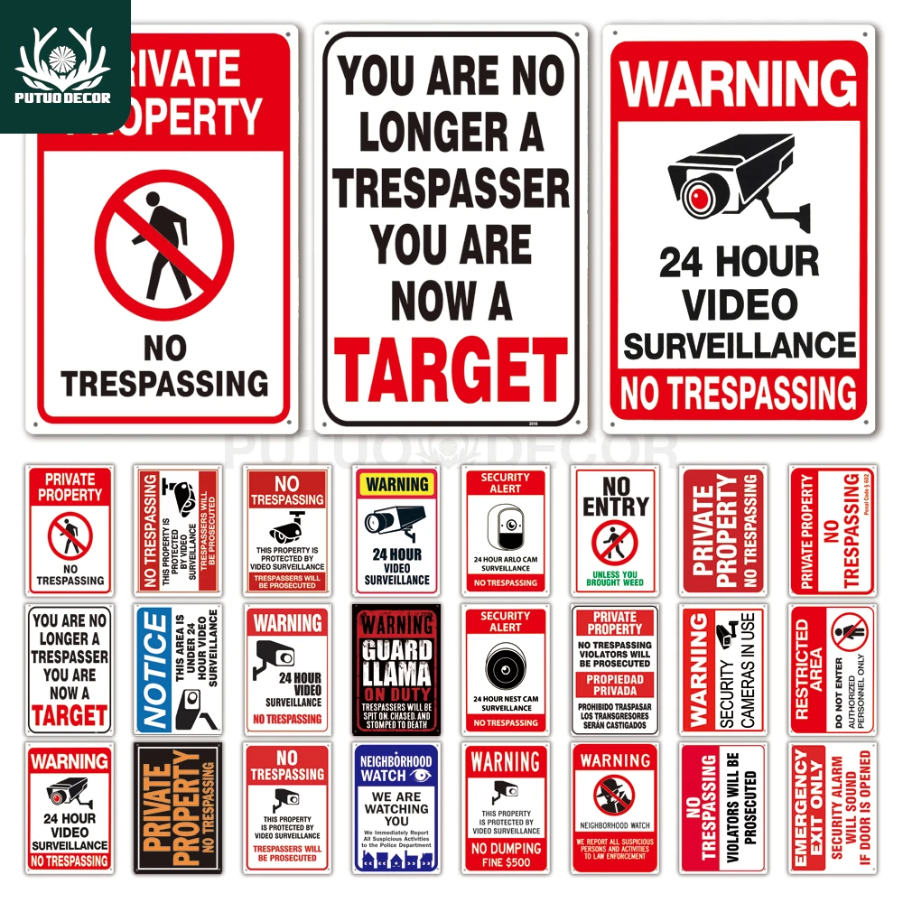 Putuo Decor No Trespassing Tin Signs Warning Plaque Metal Video Surveillance Wall Art Poster Plate Yard Iron Painting Stickers