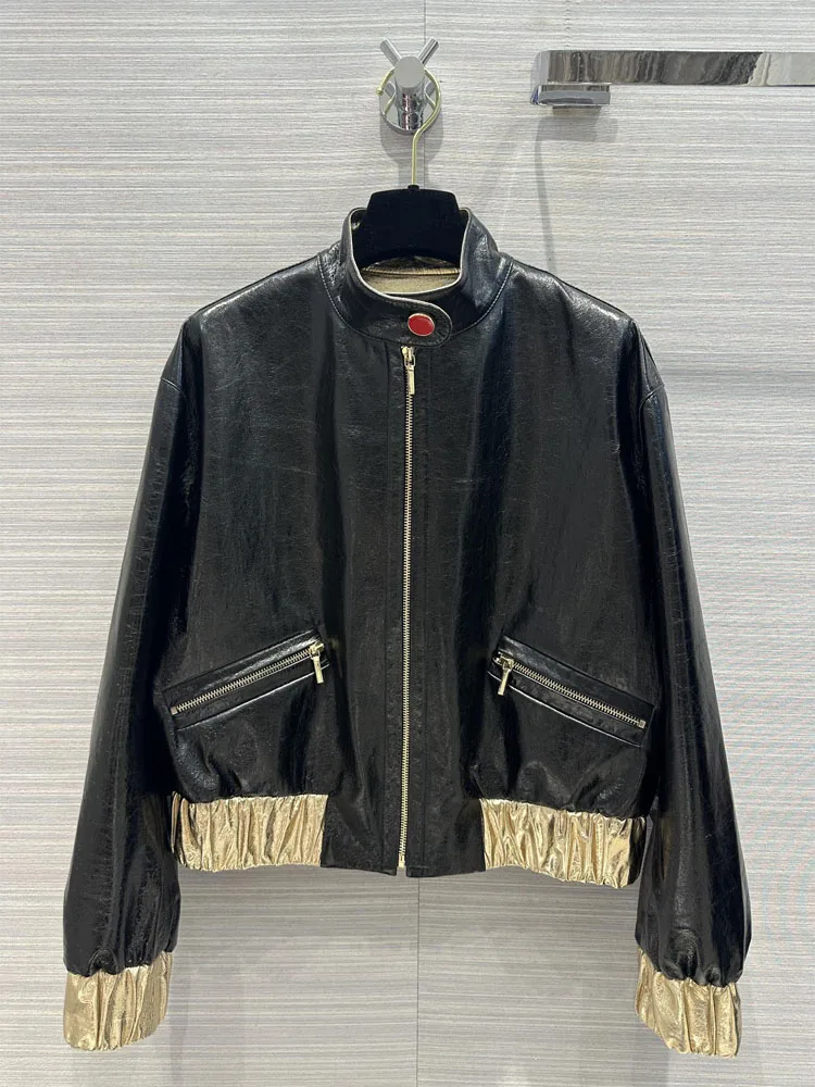 

Jacket for Women Spring Lapel Sheep skin Leather coat pockets Vintage Long Sleeves Female Chic Tops