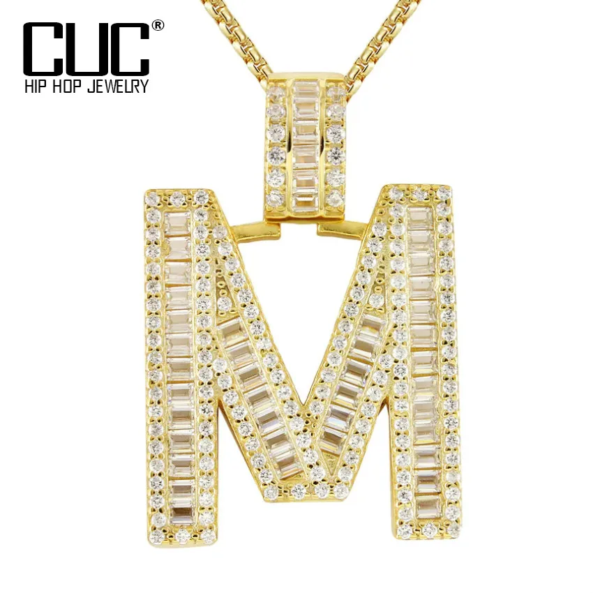 Baguette Initials Letters Pendant For Men Women Gold Color Bling Zirconia A-Z Name Necklace Chain Link Hip Hop Jewelry
