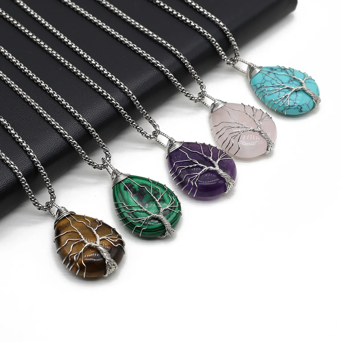 

Metal Chain Silver Copper Wire Life Tree Wrapped Natural Stone Water Drop Shape Pendant 25x43mm Jewelry Necklace Charming Gift