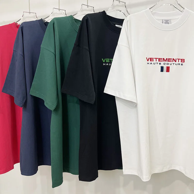 

T-Shirts Oversize Casual Men Women 1:1 Embroidered National Flag Letters Logo Vetements Short Sleeves