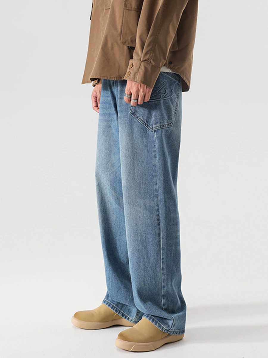 Four Seasons Men's Jeans American Drape Stencil Retro Wide Leg Pants Trend High Street Straight Pants Streetwear Ins Hot Sale