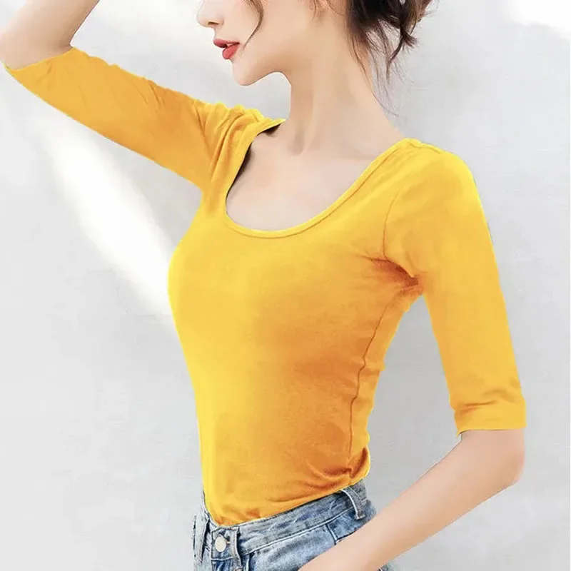 Повседневная черная белая футболка с рукавом средней длины для женщин корейские