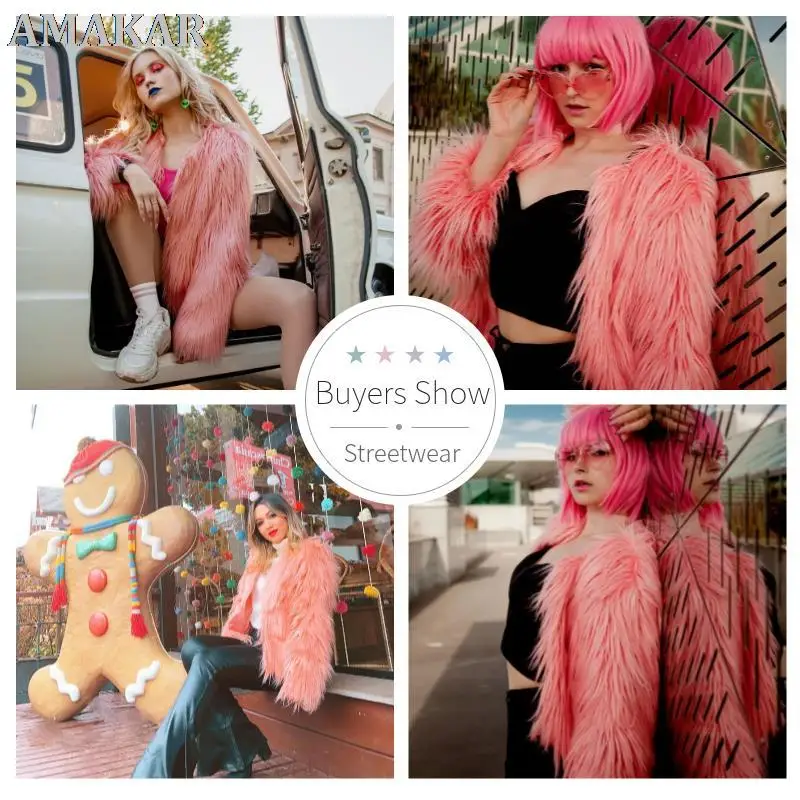 Fashion Furry Faux Fur Coat Women Fluffy Warm Long Sleeve Female Outerwear Autumn Winter Coat Jacket Hairy Collarless Overcoat