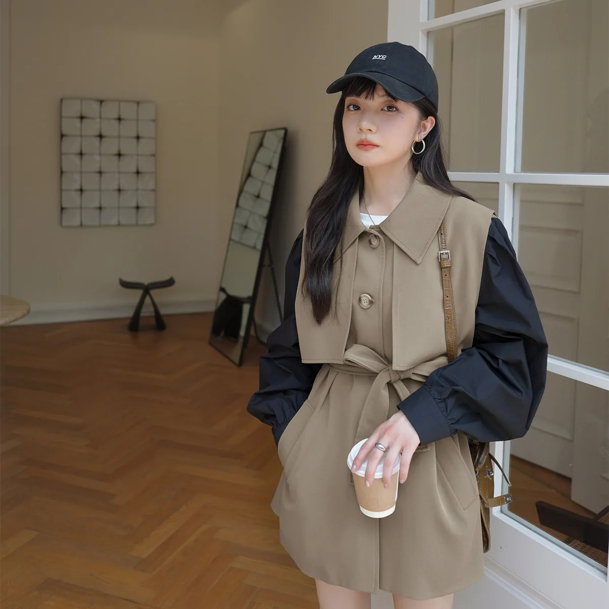 SuperAen Korean Style Windbreaker Jacket Women Spring and Autumn 2022 New Design Stitching Fake Two-piece Coat