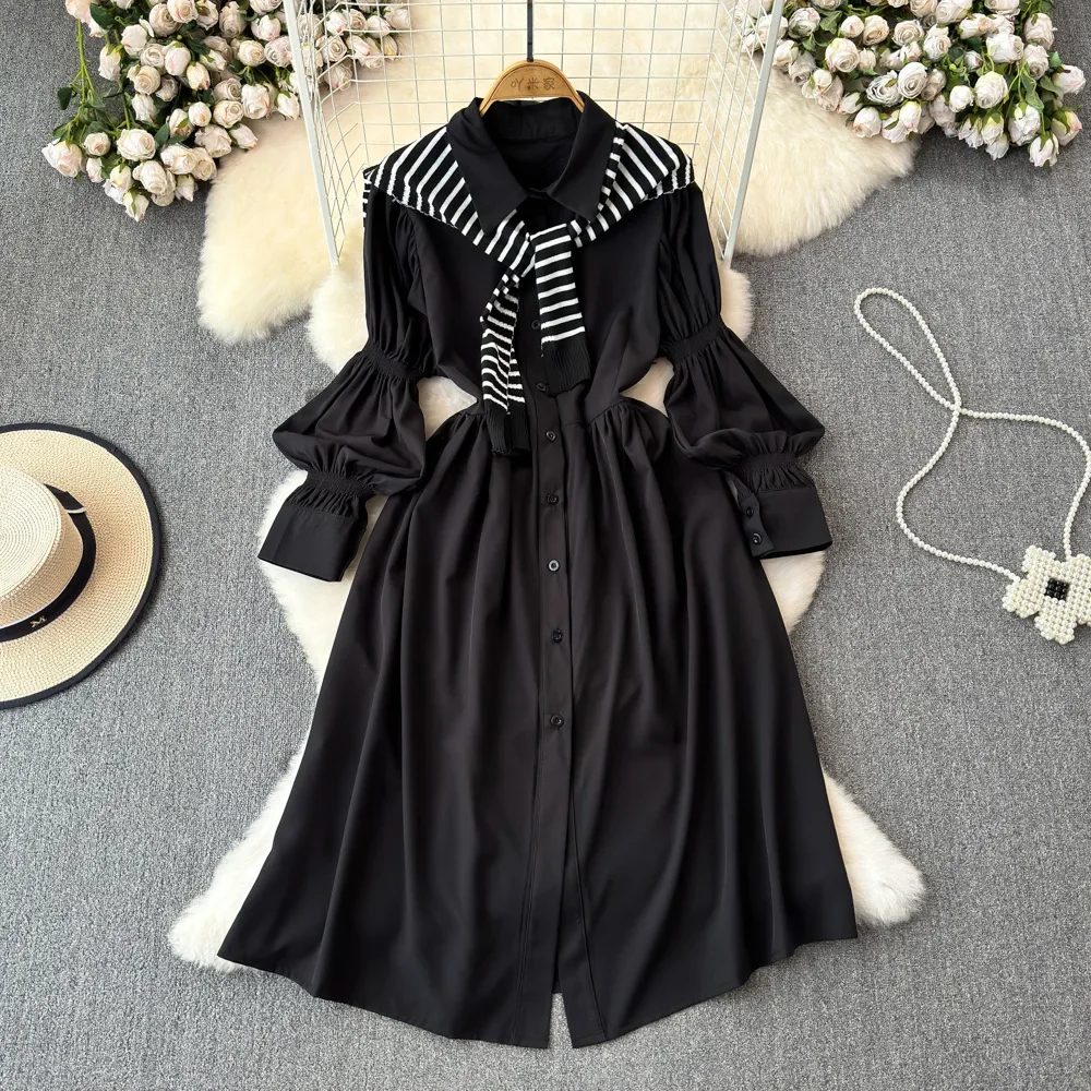 Однобортное однобортное платье-рубашка трапециевидной формы с фонариком на