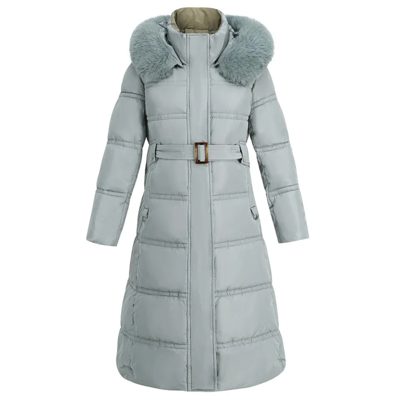 Winter Women's Warm Cotton Coats with Fur Hooded Kpop Long Blue Belt Jacket Lady Graceful Casual Joker Parkas Solid Outerwear