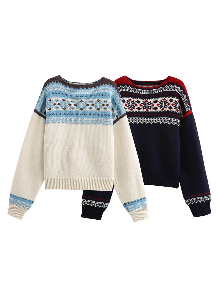 KAOPU ZA женский жаккардовый вязаный свитер винтажный пуловер с круглым вырезом и