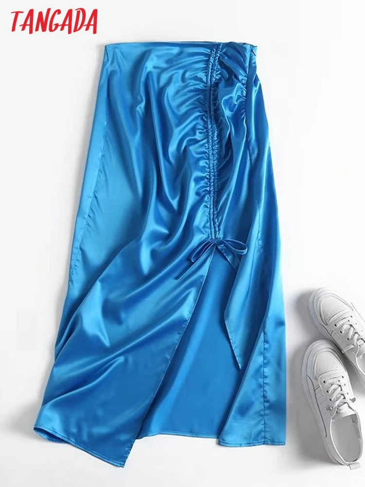 

Tangada 2022 New Women Blue Satin Pleated Midi Skirt Vintage Side Zipper Ladies Chic Mid Calf Skirts 4C88