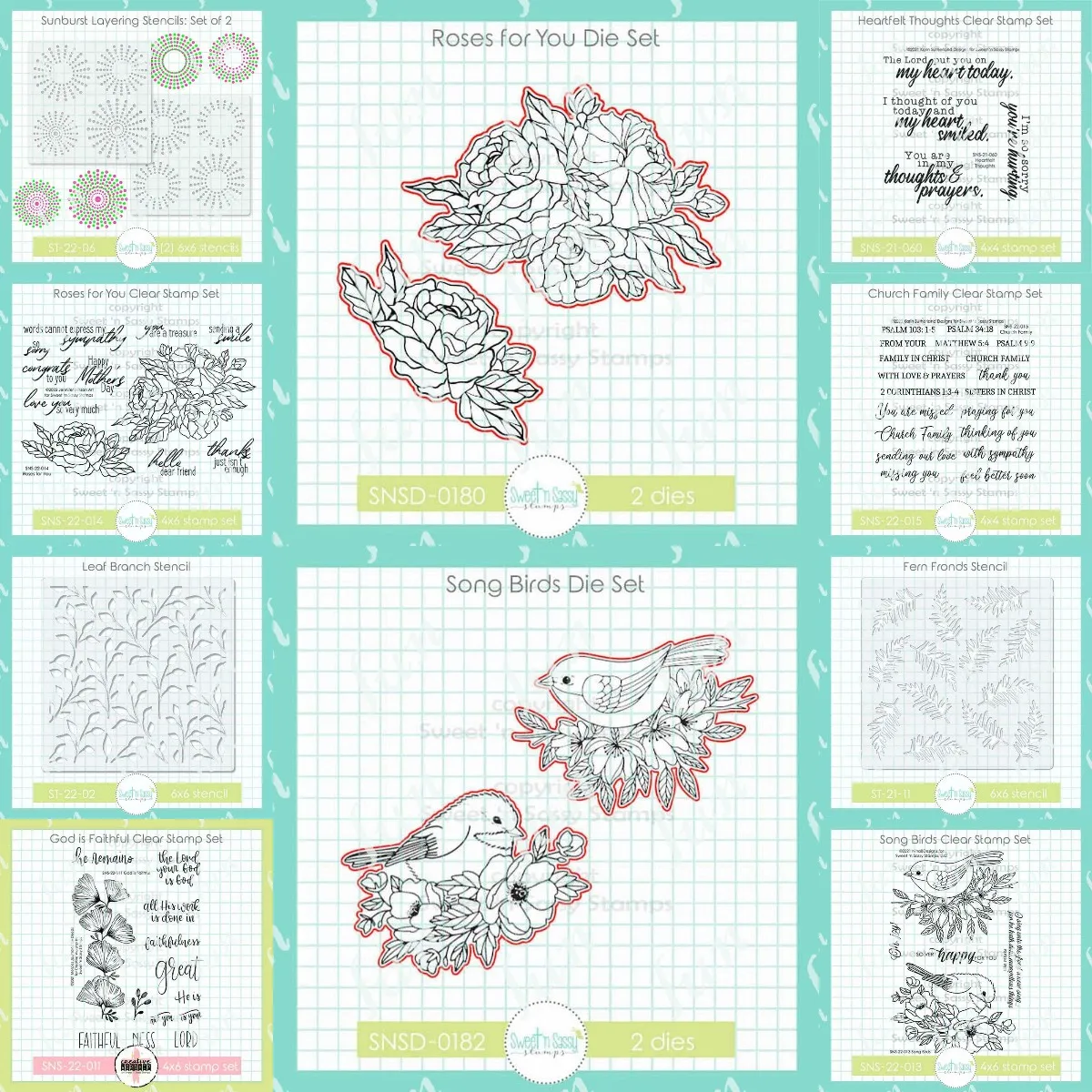 

DIY Sweet 'n Sassy Roses for You Birds God is Faithful Clear Stamps Dies Set Sunburst Fern Fronds Leaf Branch Layering Stencils