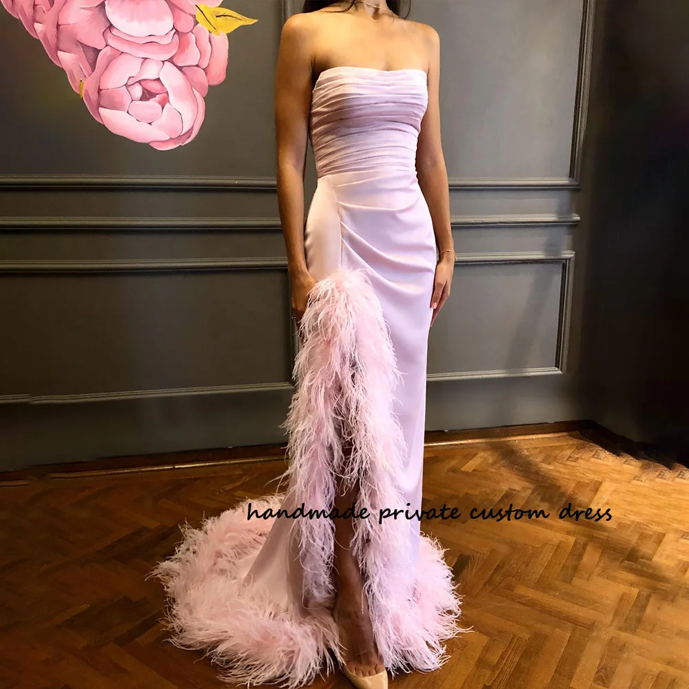 

Pink Mermaid Prom Party Dresses Feather Side Split Strapless Evening Dress Pleats Satin Long Celebrate Event Gowns Customized
