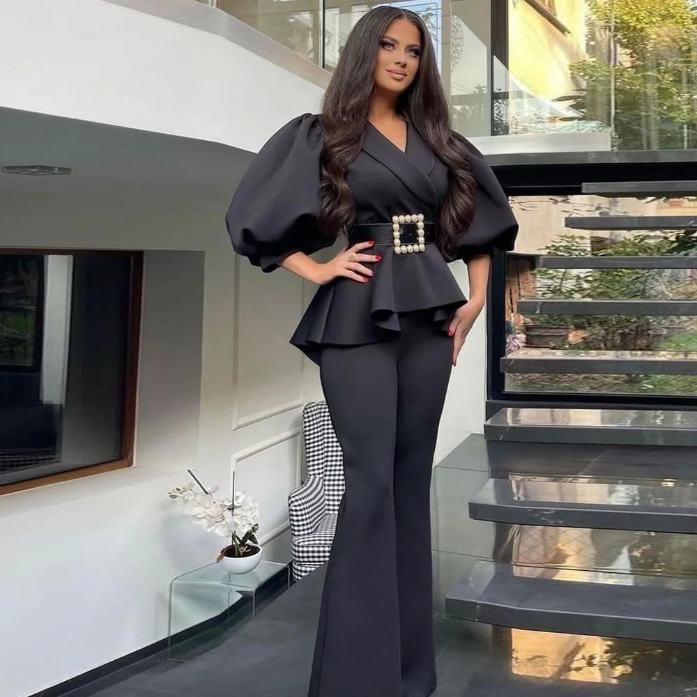 

Fashion women's Lapel Shirt Top flared trousers banquet two piece set