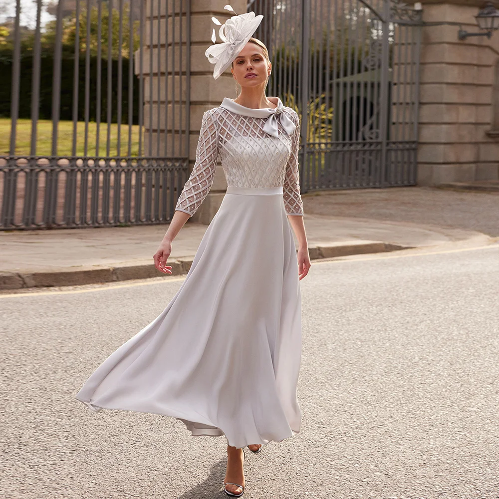 

Elegant Mother of the Bride Dresses Simple O Neck 3/4 Sleeve Tea Length Pearls Beading A-line Wedding Party Gowns فساتين السهرة