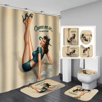 retro sexy american girl bathroom set with shower curtain and rugs waterproof bath tub curtains toilet cover bathroom decor mat