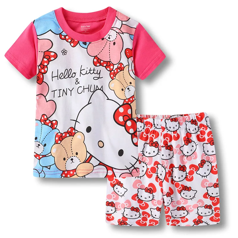 

Детский костюм Hello Kitty с коротким рукавом, модная летняя Хлопковая пижама для девочек с принтом для дома, мультяшная Пижама