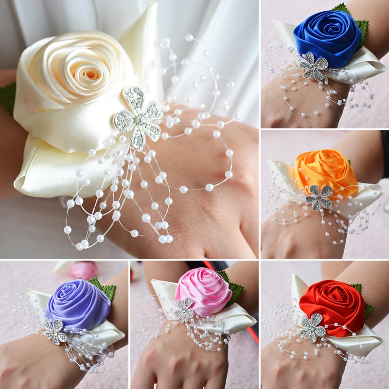 

Girls Bridesmaid Wedding Wrist Flower Rose Silk Ribbon Wristband Bracelet Bride Hand Flower Decorative Curtain Band Clip Bouquet