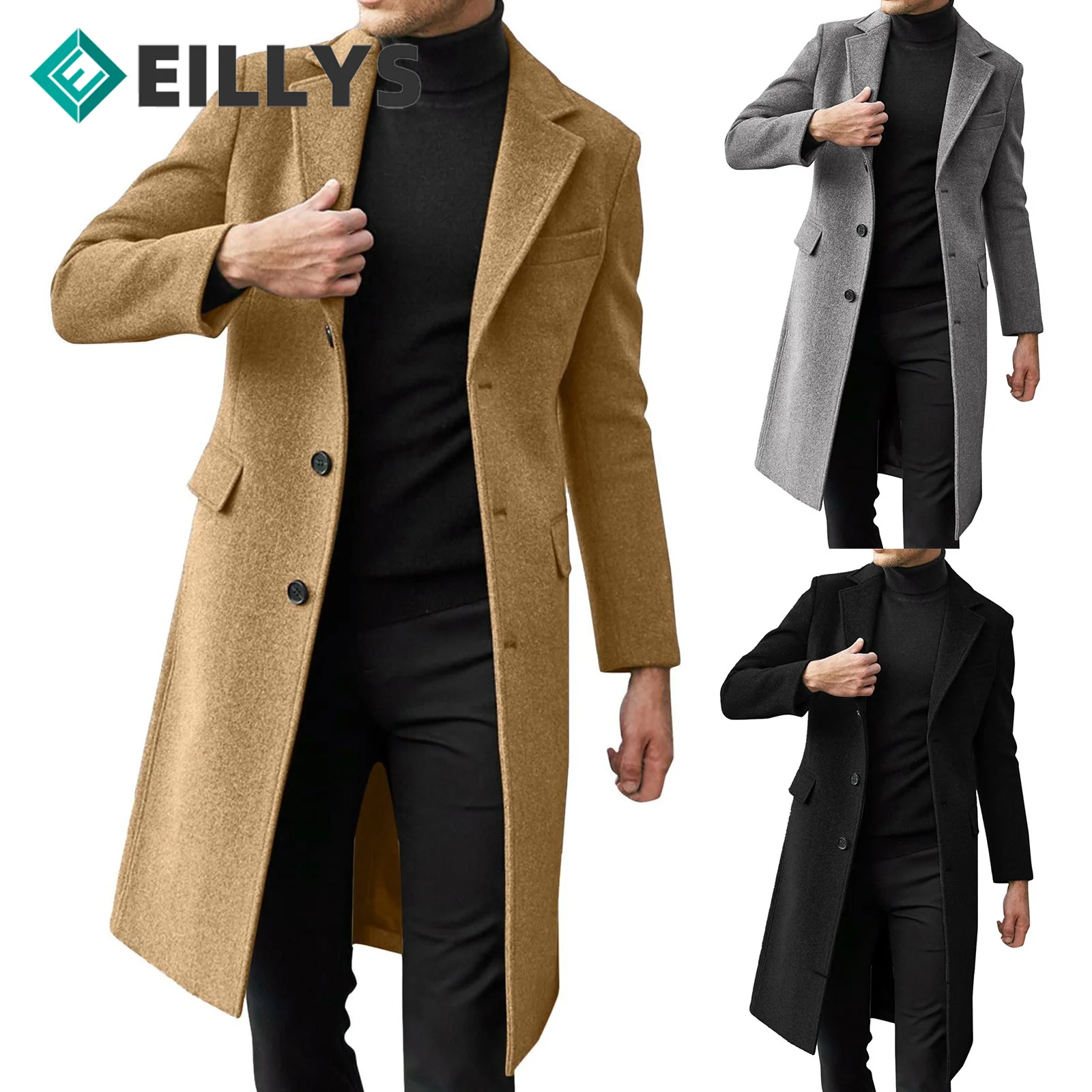 

2022 Autumn and Winter Long Wool blends Coat Wool Blend Pure Color Casual Business trench coat Fashion Men Clothing Windbreaker