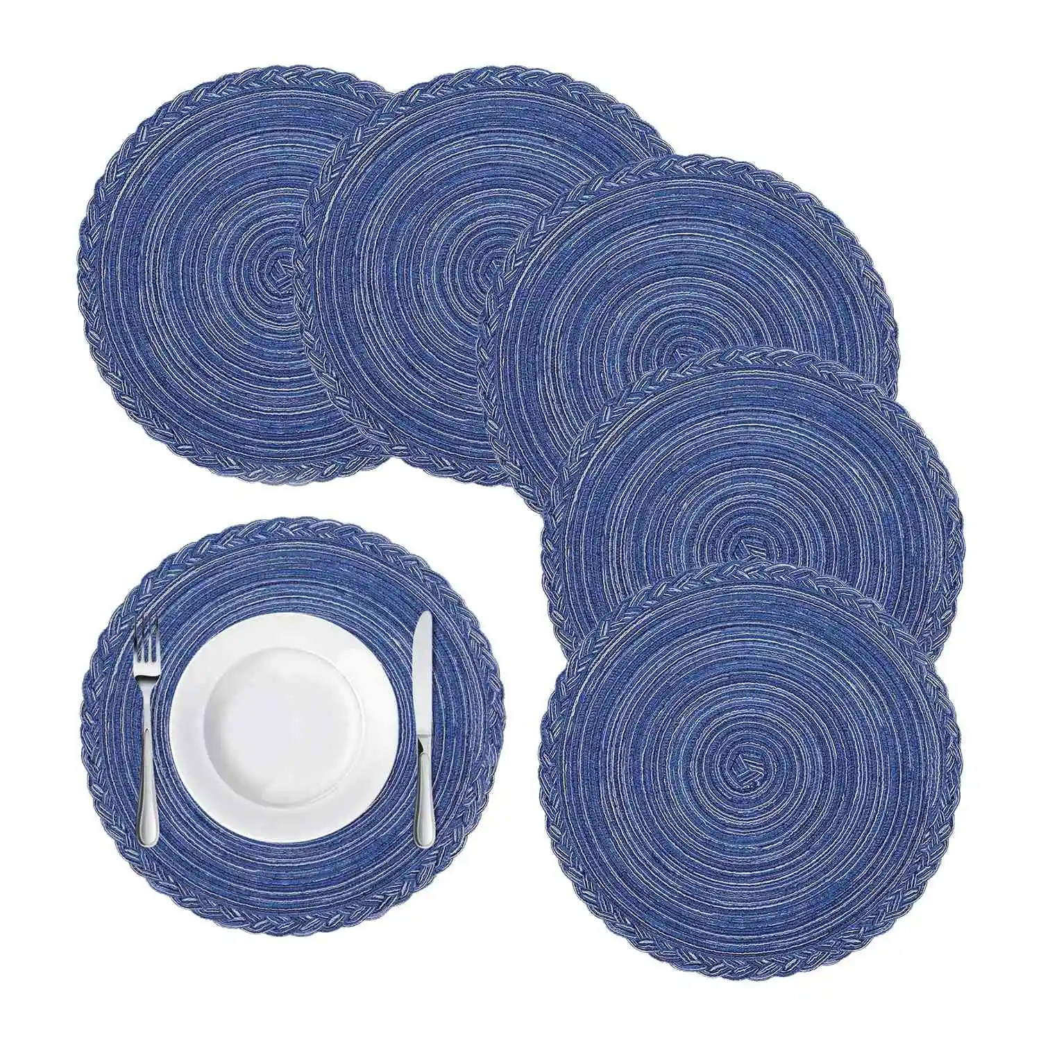 

Round Braided Placemats for Dining Table Set of 6 - Woven Heat Resistant Non-Slip Kitchen Table Mats, 36 Diameter, Blue