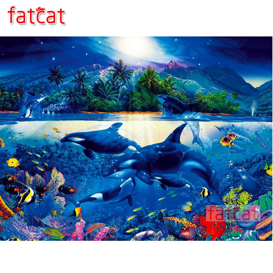 Алмазная вышивка FATCAT, дельфин, островный пейзаж 5d, сделай сам, полноразмерная мозаика, картина ручной работы, украшение для дома AE3720